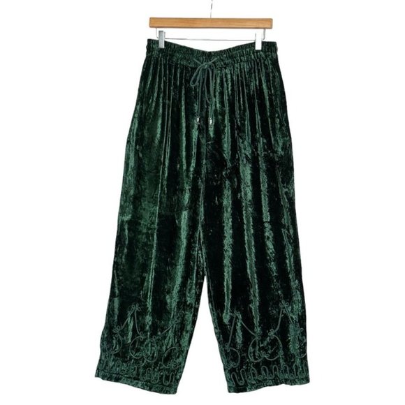 Manta Pants - Vintage Deadstock Manta Green Velvet Embroidered Hem Straight Leg Pants Size L